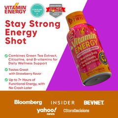 Vitamin Energy Immune+ Strawberry Twist flavor-ingredients graphic shows green tea extract and B vitamins