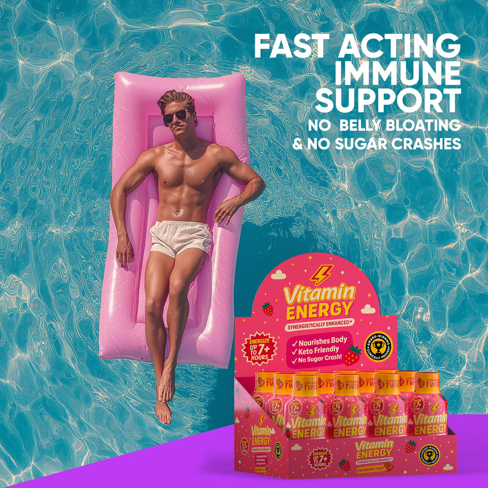 Vitamin Energy Immune+ Strawberry Twist shot label displays zero sugar and gluten-free notes.