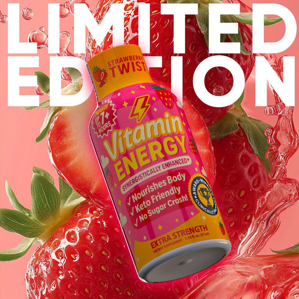 Vitamin Energy Immune+ Strawberry Twist being poured suggests quick, convenient energy during work