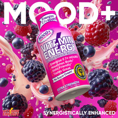 Vitamin Energy Mood+ Tropical Berry label close-up highlighting caffeine and vitamins