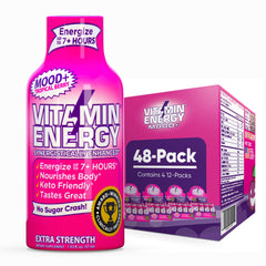 Vitamin Energy Mood+ bottle front shows tropical berry flavor and energy potential