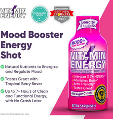 Vitamin Energy Mood+ shot displays zero sugar and vegan certification label