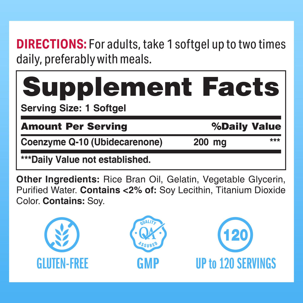 Closeup of Vitamin World CoQ10 200 mg softgels, highlighting antioxidant protection.