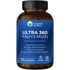 Vitamin World Ultra 360 Men bottle shows premium multivitamin for daily energy and wellness.