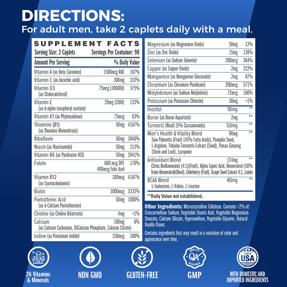 Vitamin World Ultra 360 Men caplets closeup highlighting convenient two per day dosing.