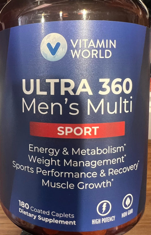 Vitamin World Ultra 360 Men’s Multi Sport bottle supports daily energy and workout recovery.