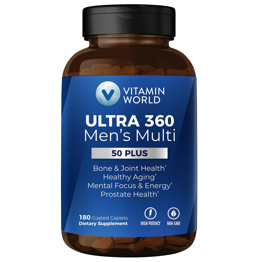 Vitamin World Ultra 360 Men 50+ bottle shown for daily wellness.