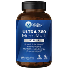 Vitamin World Ultra 360 Men 50+ bottle shown for daily wellness.