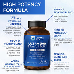 Detail of Vitamin World Ultra 360 Men 50+ label with ingredients.