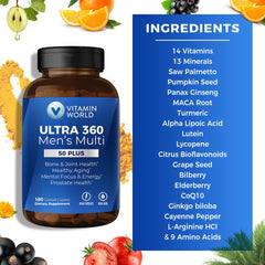 Caplets being poured from Vitamin World Ultra 360 Men 50+ bottle.