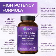 Vitamin World Ultra 360 Women 50+ bottle back with nutrition facts