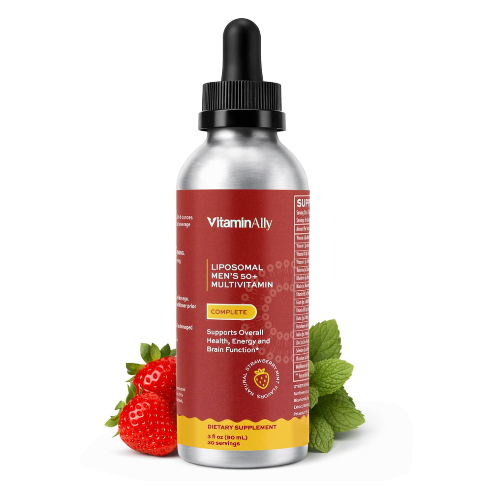 Vitaminally liposomal men 50+ bottle close-up for easy daily use