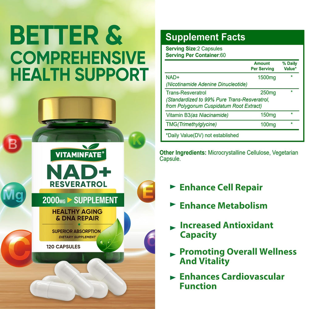 Spoon with VITAMINFATE NAD+ capsules implies convenient dosing.