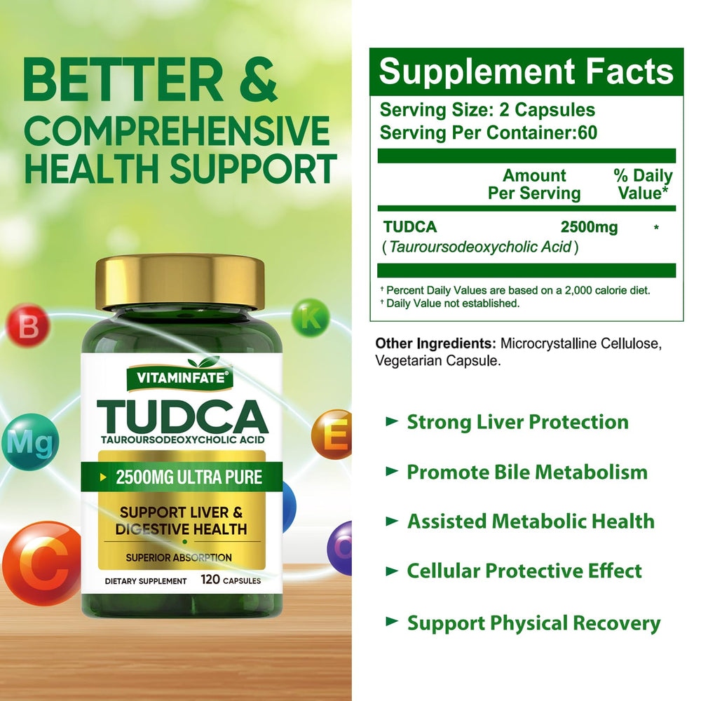 VITAMINFATE TudCA visual suggesting bile flow and fat digestion support.