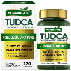 VITAMINFATE TudCA liver support bottle highlighting detox and digestion potential.
