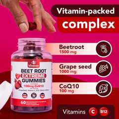 Vitamized gummies close-up reveals robust beetroot and grape seed extract blend.