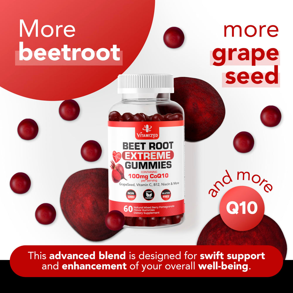 Vitamized Extreme label detail shows gluten-free, vegan gummies produced in a GMP facility.