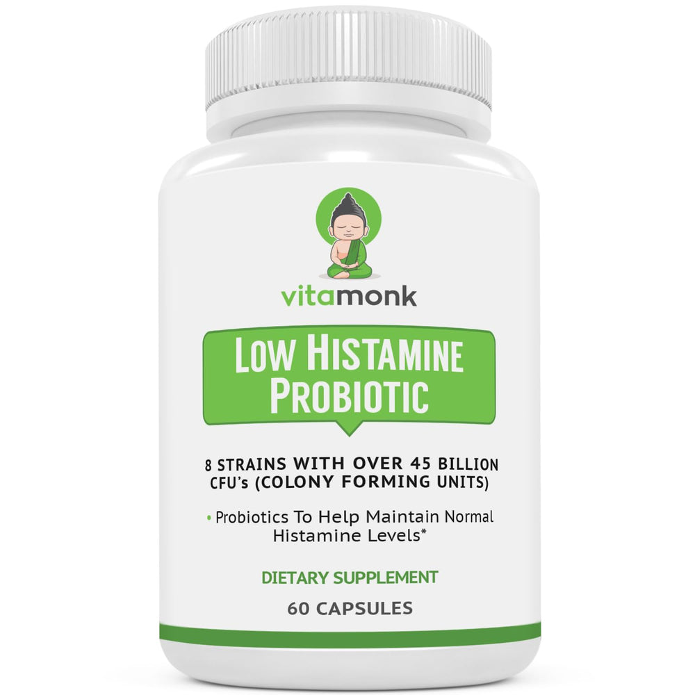 VitaMonk Low Histamine Probiotics bottle front for daily gut support