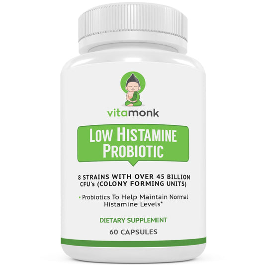 VitaMonk Low Histamine Probiotics bottle front for daily gut support