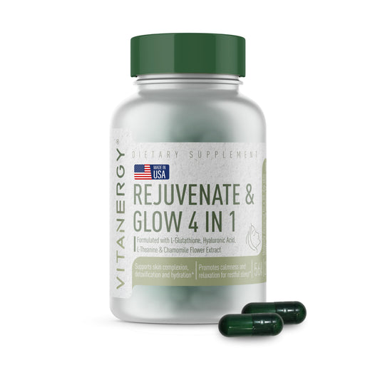Vitanergy Beauty Sleep Glow bottle showing 4-in-1 formula for overnight skin support