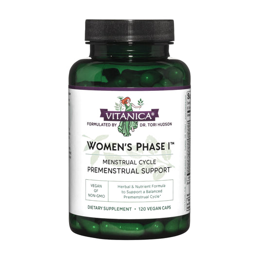 Vitanica Women's Phase I bottle front view with vegan premenstrual support capsules
