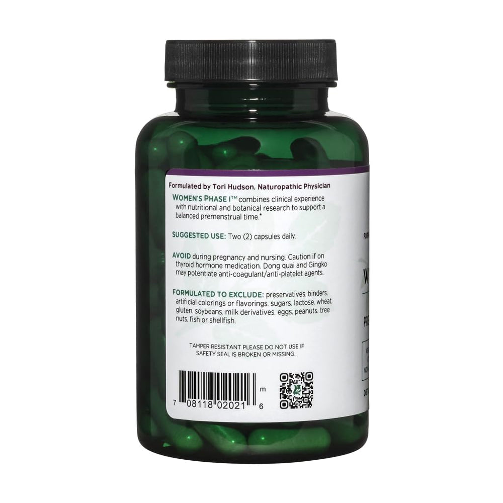 Vitanica Women's Phase I capsules closeup showing vegan capsules for daily use