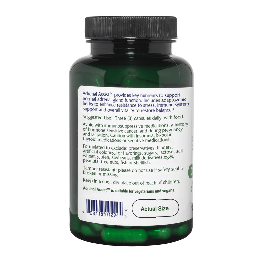 Vitanica Adrenal Assist ingredients list highlighting key nutrients and botanicals.