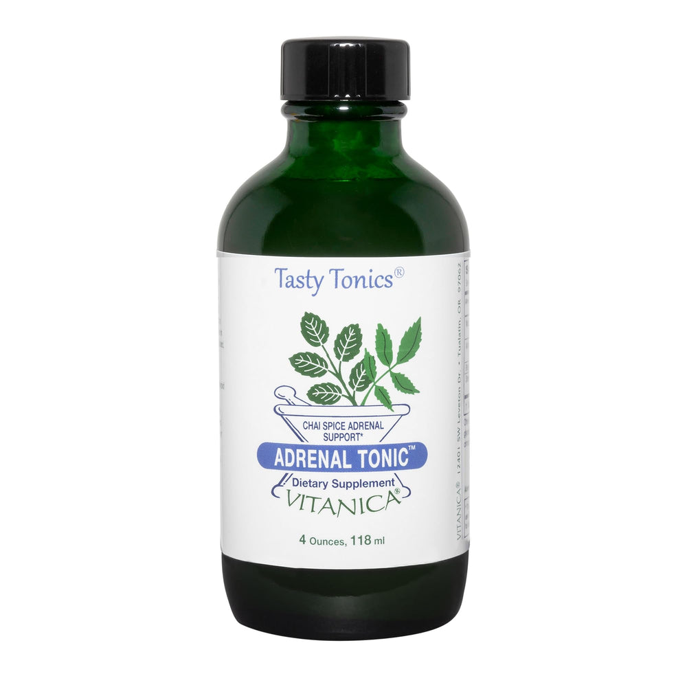 Vitanica Adrenal Tonic bottle in green glass for daily stress support.