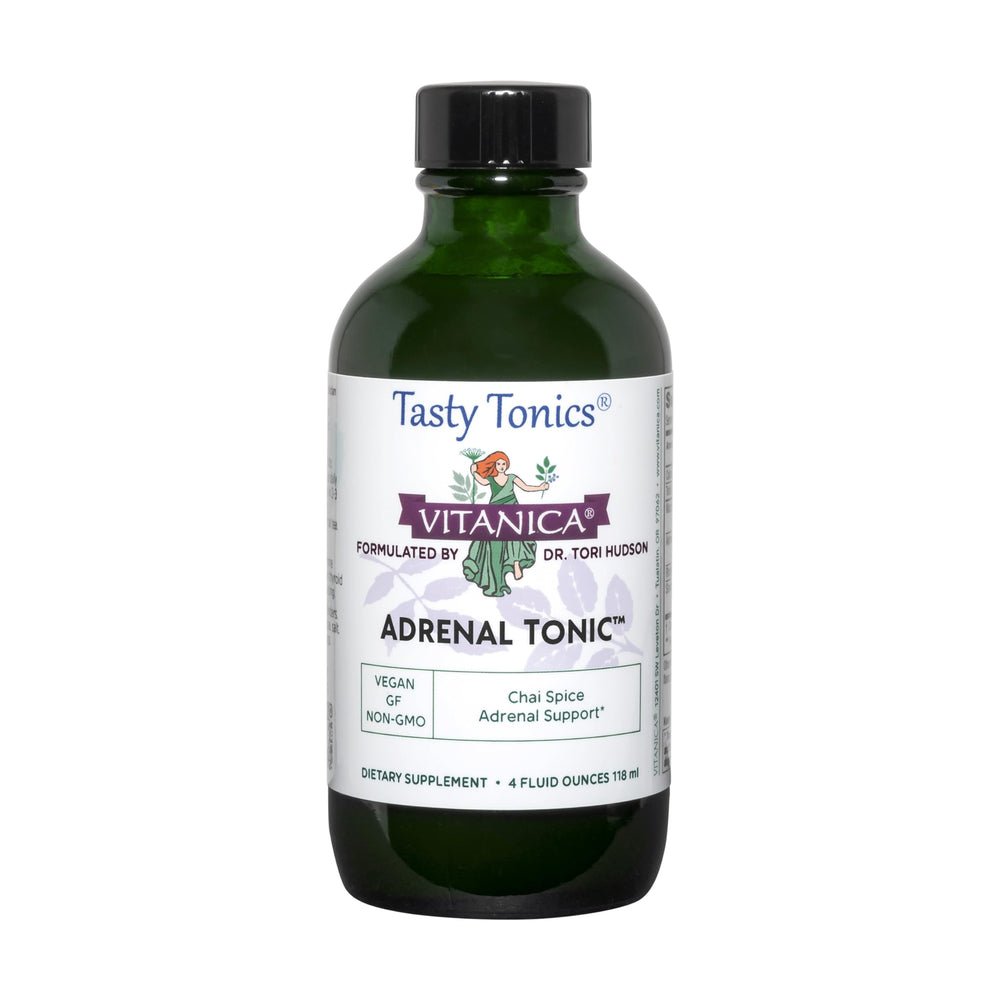 Vitanica Adrenal Tonic bottle showing daily vitality and stress support benefits