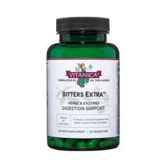 Vitanica Bitters Extra bottle showing the digestion support formula and bottle label