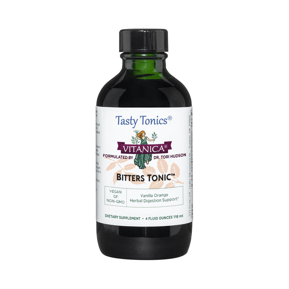 Vitanica Bitters Tonic bottle with vanilla orange flavor for gentle digestion