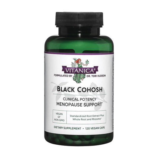 Vitanica Black Cohosh extract bottle label shows standardized extract.