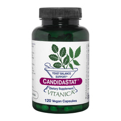 Vitanica Candidastat bottle front shows vegan yeast balance support