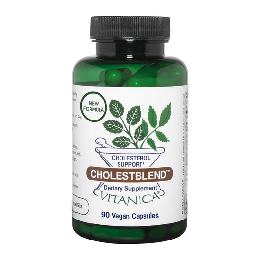 Vitanica CholestBlend bottle front showing vegan capsule formula for daily lipid support.