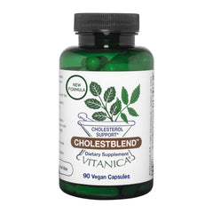 Vitanica CholestBlend bottle front showing vegan capsule formula for daily lipid support.