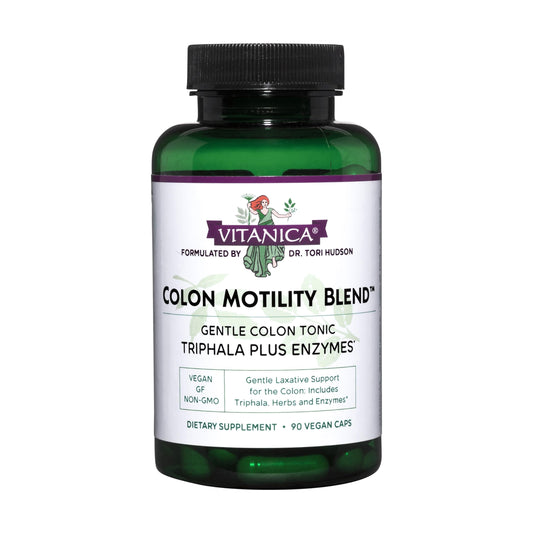 Vitanica Colon Motility Blend bottle showcases gentle, plant-based digestion support.