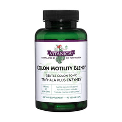 Vitanica Colon Motility Blend bottle showcases gentle, plant-based digestion support.