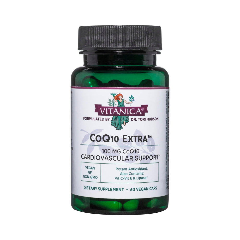 Vitanica CoQ10 Extra 100mg bottle highlighting vegan, non-GMO supplement.