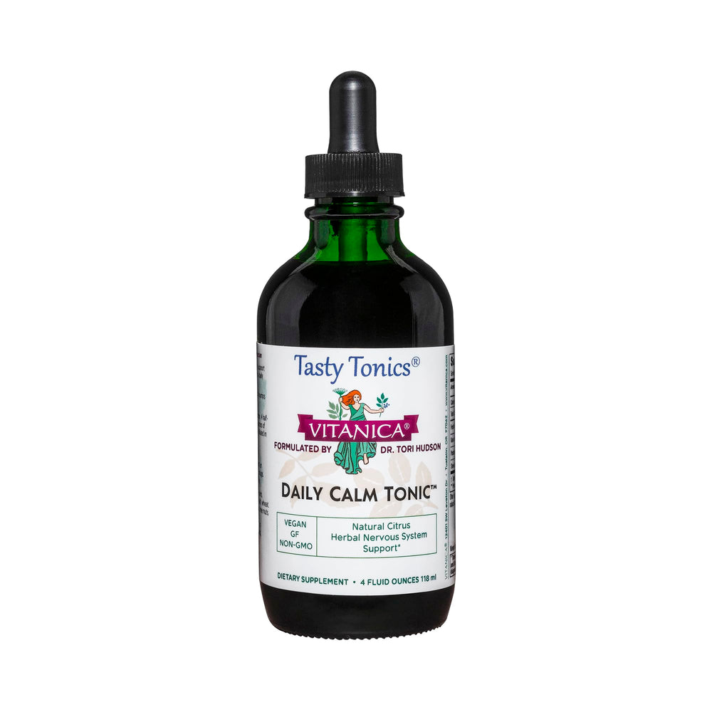 Vitanica Daily Calm Tonic bottle pour shows easy dosing for calm moments.