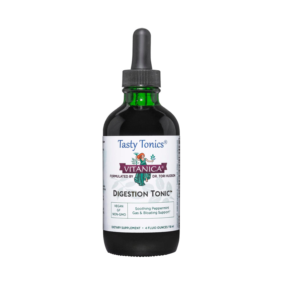 Vitanica Digestion Tonic bottle label shows peppermint-based digestive support.