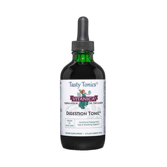 Vitanica Digestion Tonic bottle label shows peppermint-based digestive support.