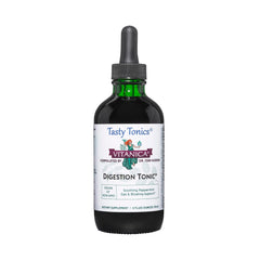 Vitanica Digestion Tonic bottle label shows peppermint-based digestive support.