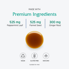 Graphic of Vitanica Digestion Tonic ingredients: organic peppermint, fennel, ginger, aloe.