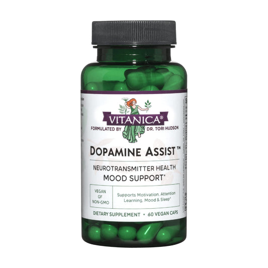 Vitanica Dopamine Assist bottle label close-up showing branding for neurotransmitter support.