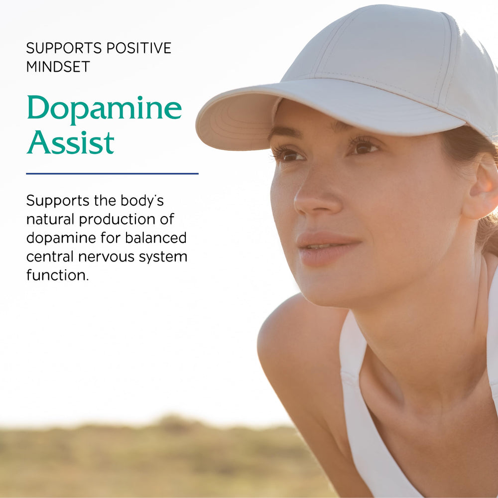 Vitanica Dopamine Assist capsules closeup showcasing vegan formula for balanced neurotransmitter support.