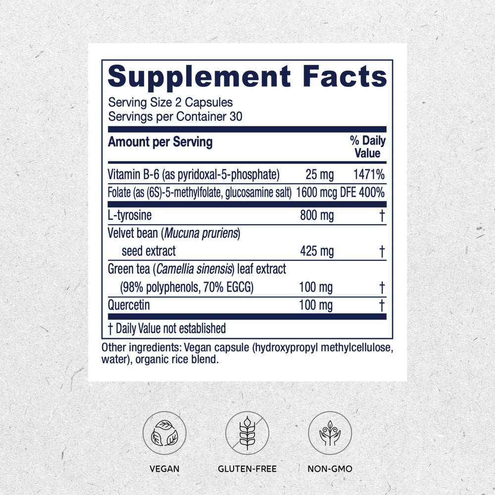 Vitanica Dopamine Assist label closeup highlighting Doctor-formulated vegan capsules.