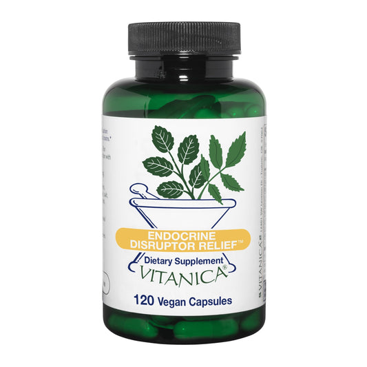 Vitanica Endocrine Disruptor Relief bottle pour illustrating easy detox support