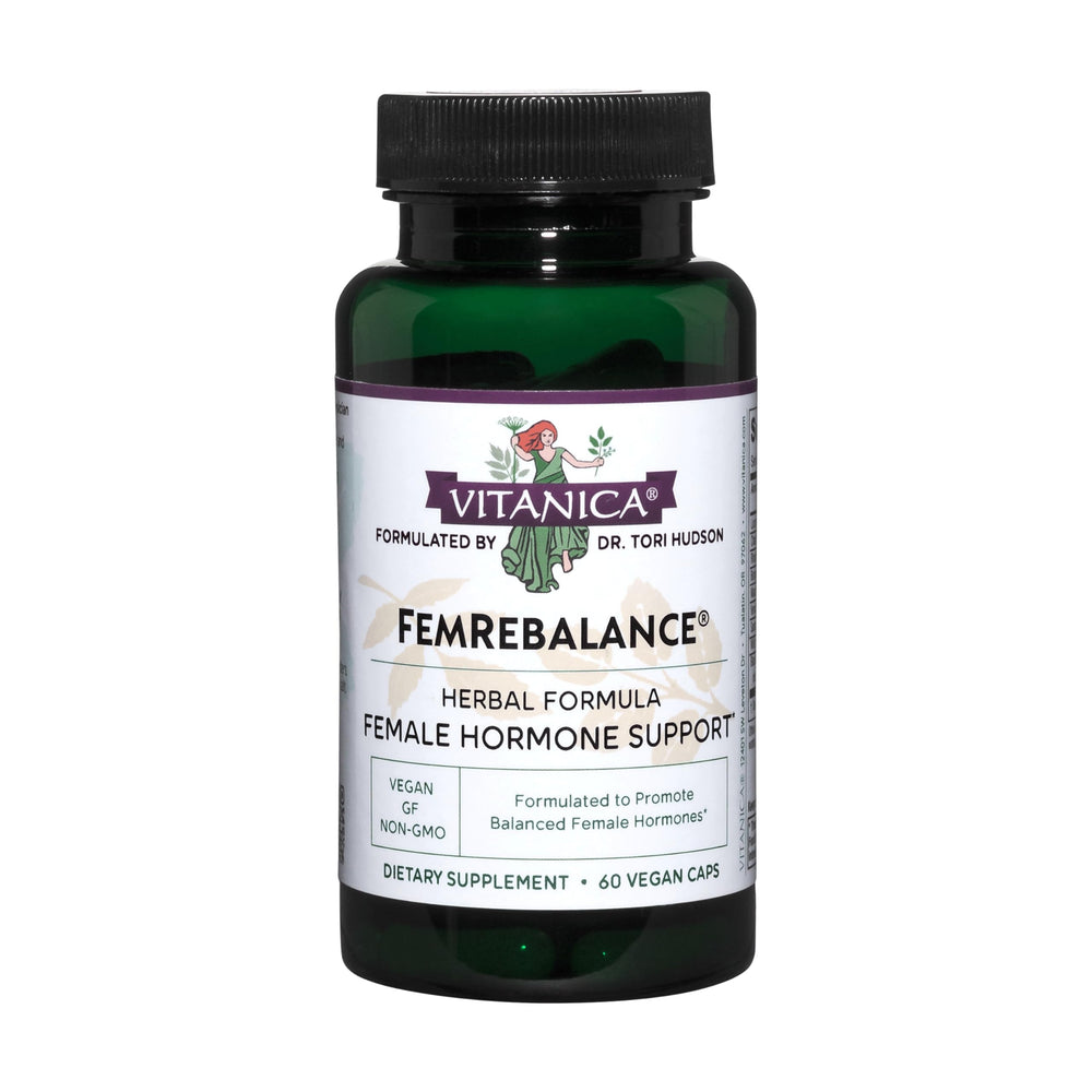Vitanica FemRebalance bottle closeup showing herbal blend for hormonal balance.
