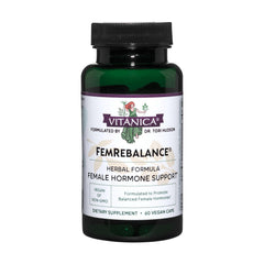 Vitanica FemRebalance bottle closeup showing herbal blend for hormonal balance.