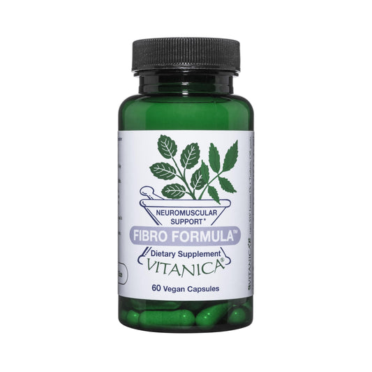 Vitanica Fibro Formula bottle front with branding and clean design for daily wellness.